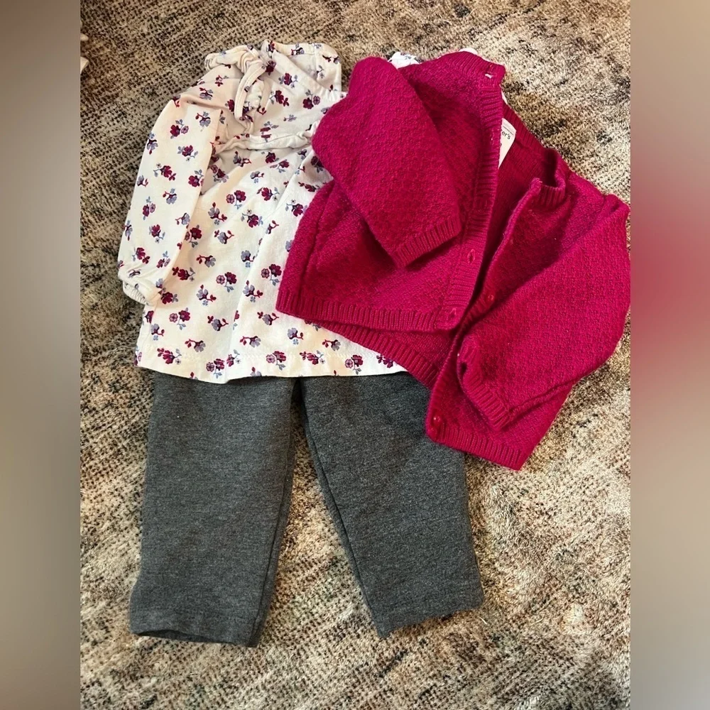Carter’s 6 Month Matching Set Floral Top with Pink Cardigan and Gray Pants Set
